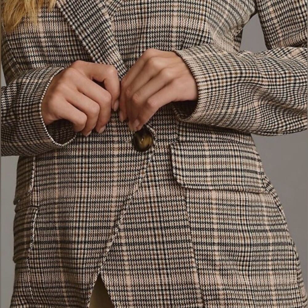 Anthropologie Maeve Collegiate Plaid Ponte Knit Blazer Tan Black Houndstooth SzM - Picture 2 of 9